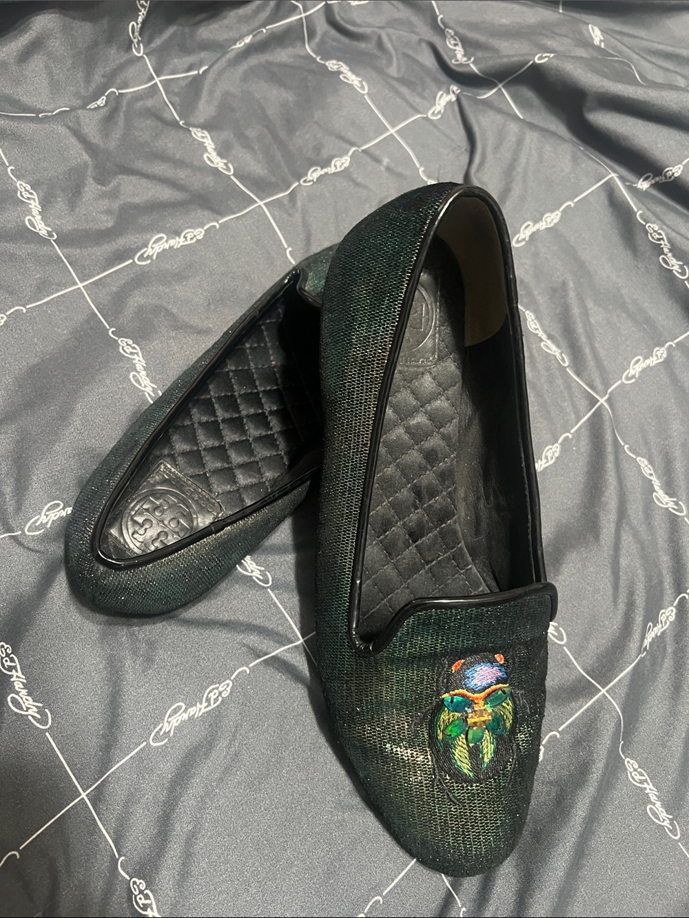 Tory Burch Dark Green Embroidered Crest Slip-On Loafers